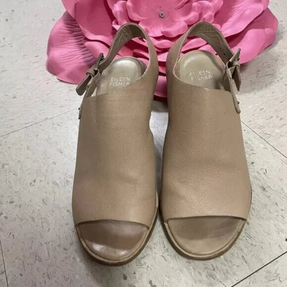 EILEEN‎ FISHER Glance Leather Peep Toe Slingback Heel Shoe Sandals - Picture 2 of 9